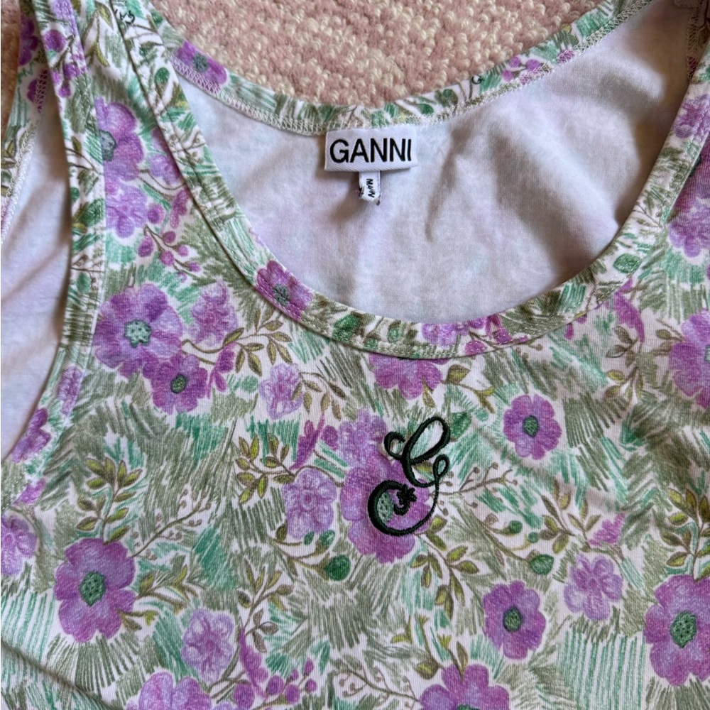 Ganni Purple and Green Floral Tank Top